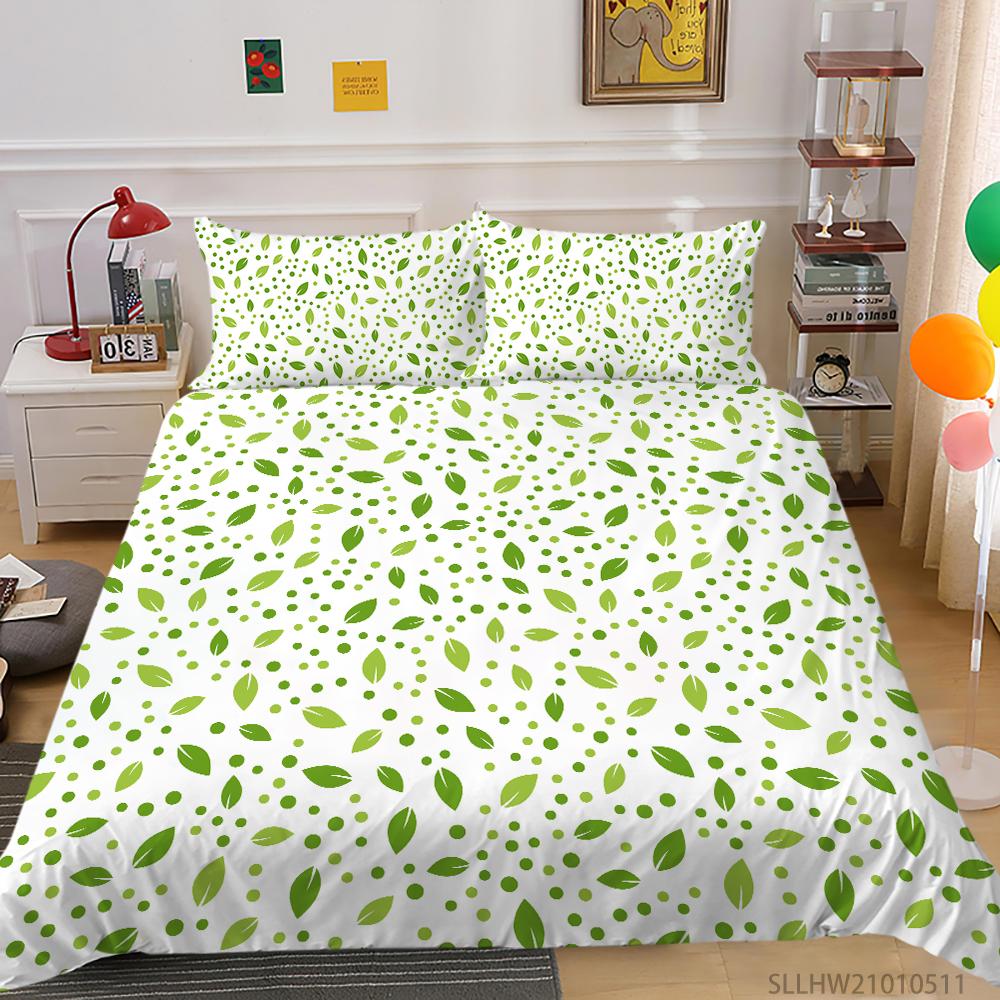 3D Green Leaf Bedding Plant Down Quilt Cover and Pillowcase 2 or 3 Pieces of Microfiber Fabric with Zipper Washable Super Soft Home Decoration