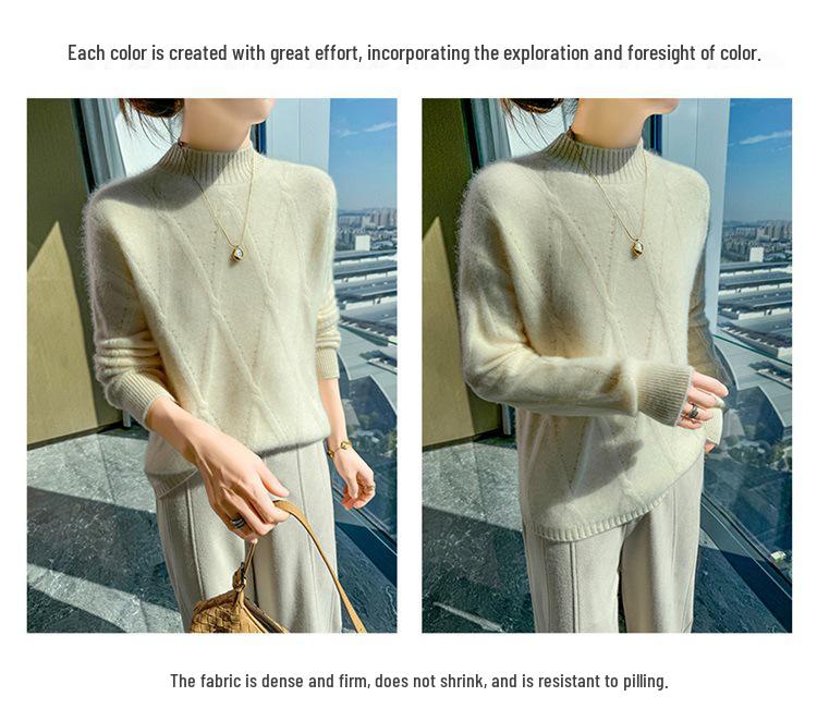Women's Heavyweight Wool Diamond-Knit Sweater, Half-High Neck, Loose Fit.