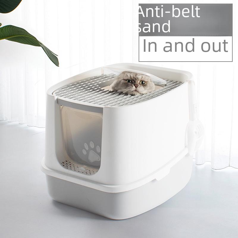 Очень большой, полностью закрытый, легкоочищаемый кошачий туалет с дезодорирующими и съемными функциями, в комплект входит совок для мусора