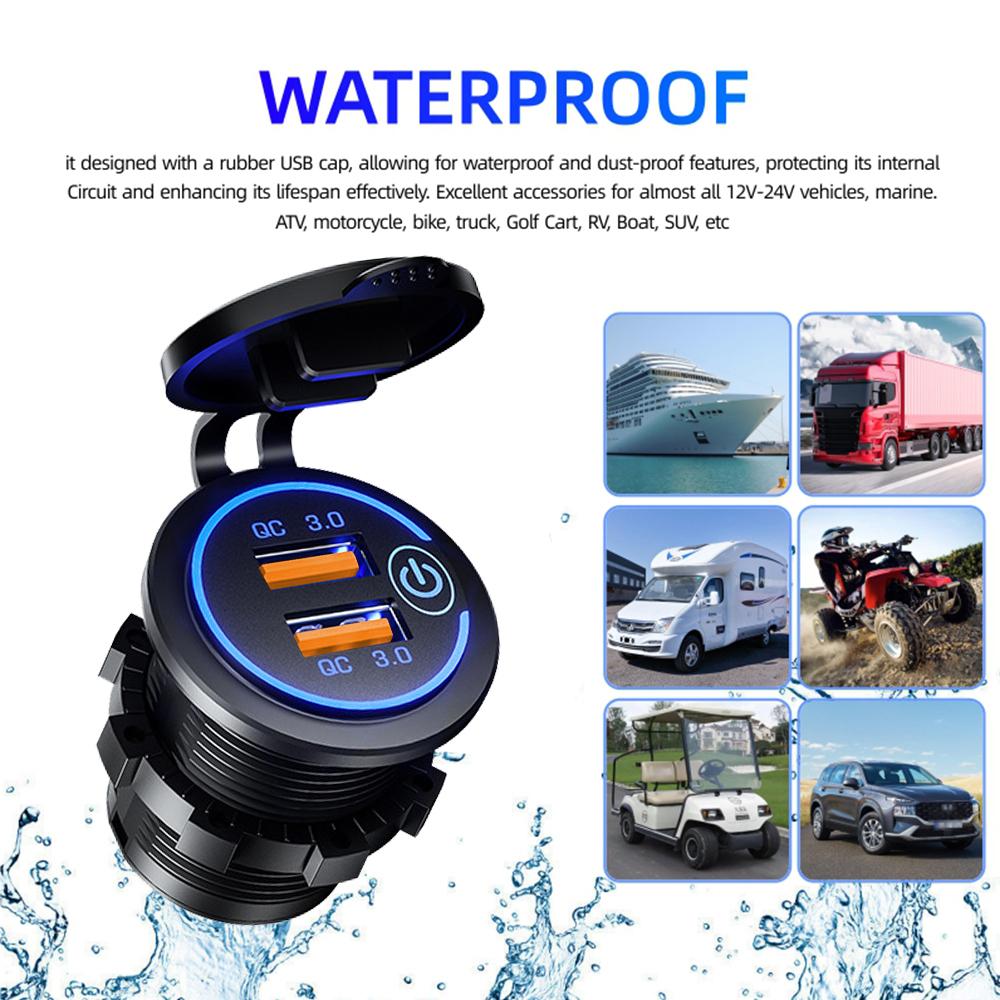 60 Вт 2-портовый USB разъем для быстрой зарядки розетка автомобильное модифицированное зарядное устройство QC3.0 с сенсорным переключателем для авто мотоциклетных аксессуаров