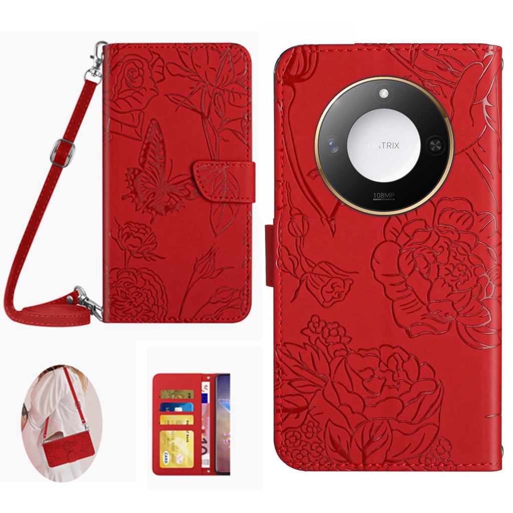 For Honor X9c Smart 5G Case Butterfly Flower Imprint Leather Phone Cover with Shoulder Strap