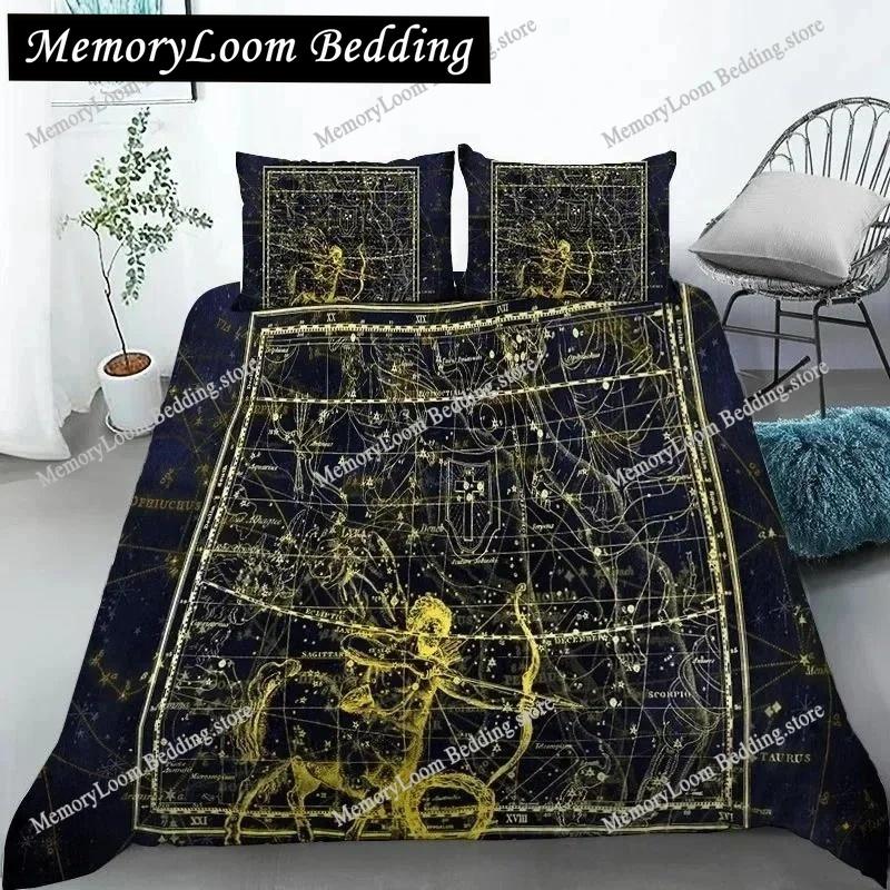 3D Constellation Duvet Cover Yellow Constellation King Size Bedding Set for Astronomy Enthusiast Soft Polyester Quilt Cover