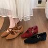 Fashion Brand Design Women Suede Leather Loafer Shoes Women's Low Heeled Mary Jane Shoes Woman Fashion Retro Cross Buckle Single Shoes