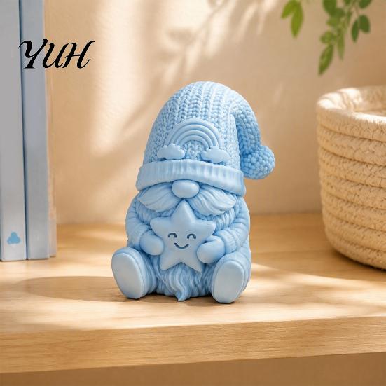 Desktop Dwarf Decor 3D Printed Sitting Gnome Figurine, Holding Star Knitted Hat Office Desk Accessory Statue, Faceless Tabletop Decoration for