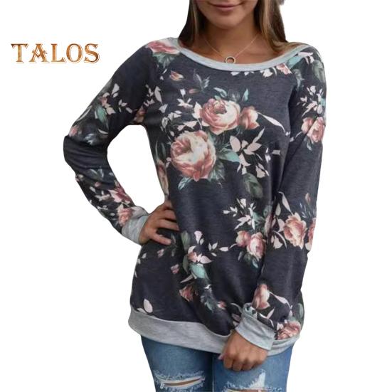 Women Tops Round Neck Raglan Long Sleeve Pullover Tops Flower Print Patchwork Color Mid-length Tee Shirt