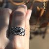 Auspicious Flower Ring Inlaid with Black Agate Silver Open Ring Ethnic Style Exquisite Men and Women