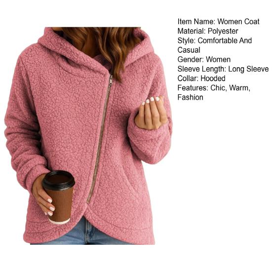 Women's Fleece Jacket Oblique Zip Up Long Sleeve Sherpa Coat Fuzzy Hooded Jacket