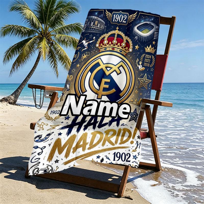 Custom Name Personalized Real Madrid CF Print Beach Towel, for Trip Camping Beach Party Home Decor, Birthday Gift for Family & Friends