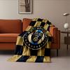 Gold and navy blue checkered pattern with a circular emblem in the center. for all seasons blanket lunch break throw gift