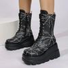 Spooky Style Chunky Platform Mid Calf Boots Women Spider Web Pattern Wedge Gothic Boots Woman Thick Sole Halloween Cosplay Shoes