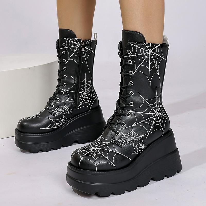 Fashion Spooky Style Chunky Platform Mid Calf Boots Women Spider Web Pattern Wedge Gothic Boots Woman Thick Sole Halloween Cosplay Shoes