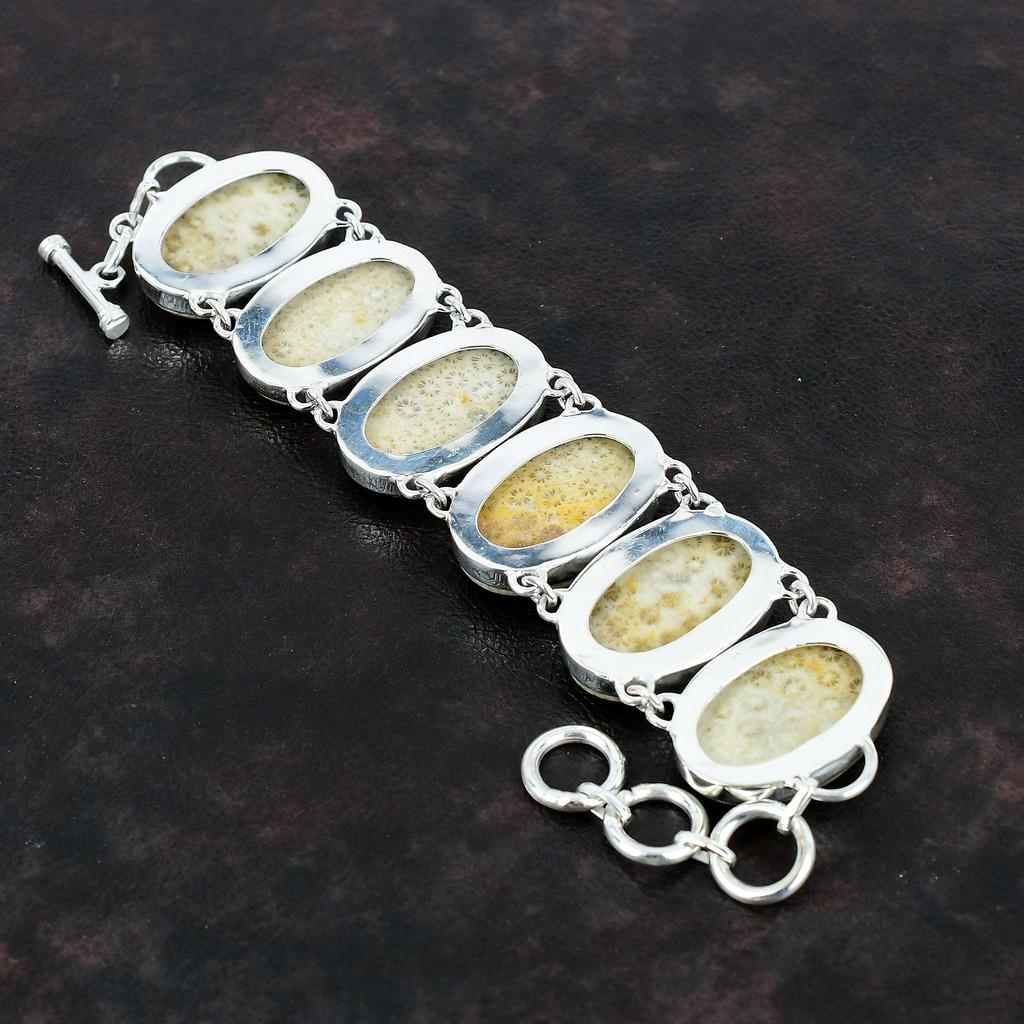 Браслет из ископаемого коралла Браслет из драгоценного камня Браслет из стерлингового серебра 925 пробы Регулируемый браслет-цепочка ручной работы Ювелирные изделия из ископаемого коралла Подарки для женщин