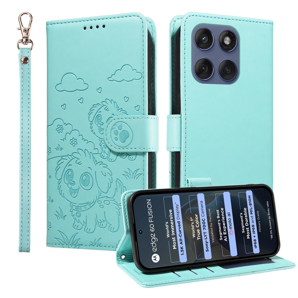 For Motorola Edge 60 5G/60 Pro 5G/60 Fusion 5G Case RFID Blocking Imprint Dog Pattern PU Leather Phone Cover with Wrist Strap