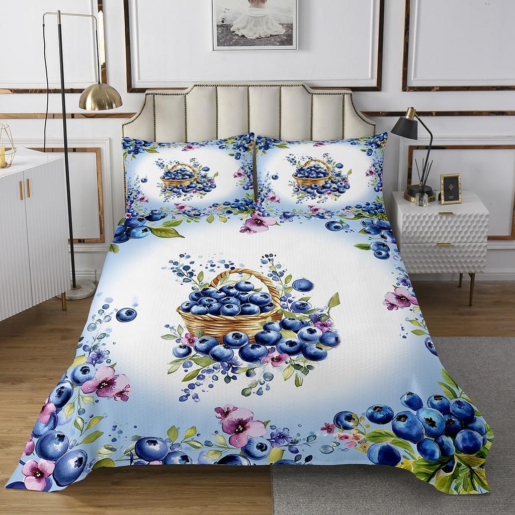 Cartoon Blueberry Bedspread Summer Tropical Fruit Quilted Coverlet Watercolor Botanical Leaves Flower Bedding Set for Teen Adult