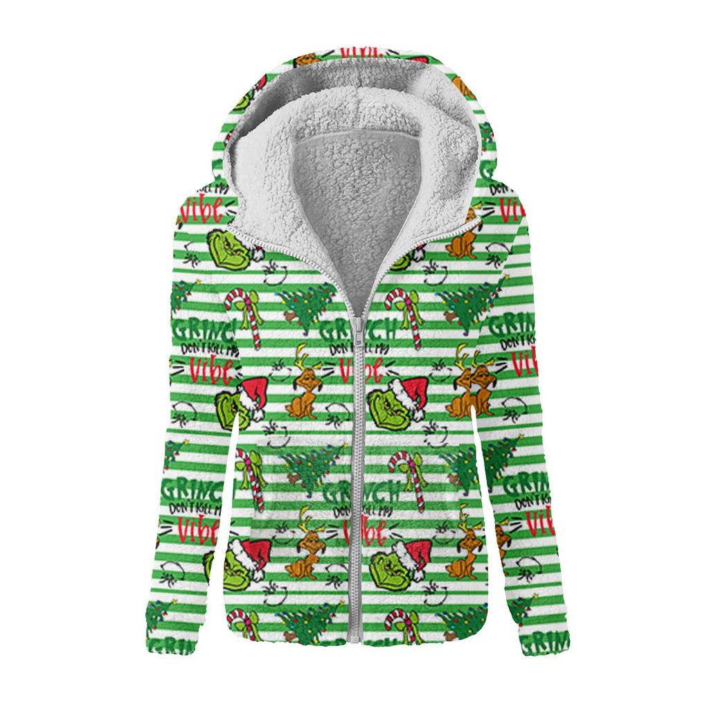 Женская зимняя повседневная модная плюшевая куртка-свитер на молнии с капюшоном и принтом