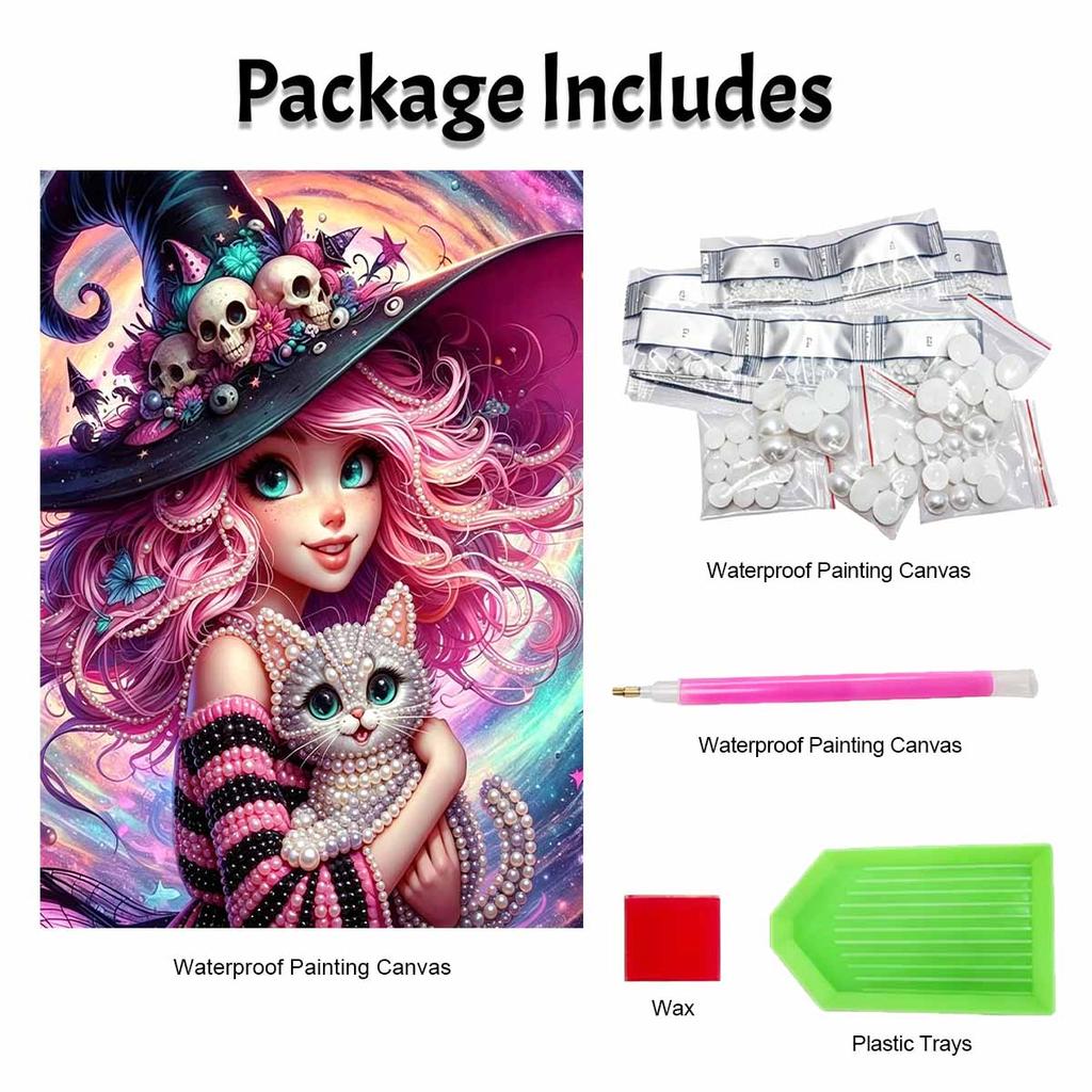 Halloween pearl painting art full pearl handmade diy home decorations witch with cat design vibrant colorful aesthetic wall art decor