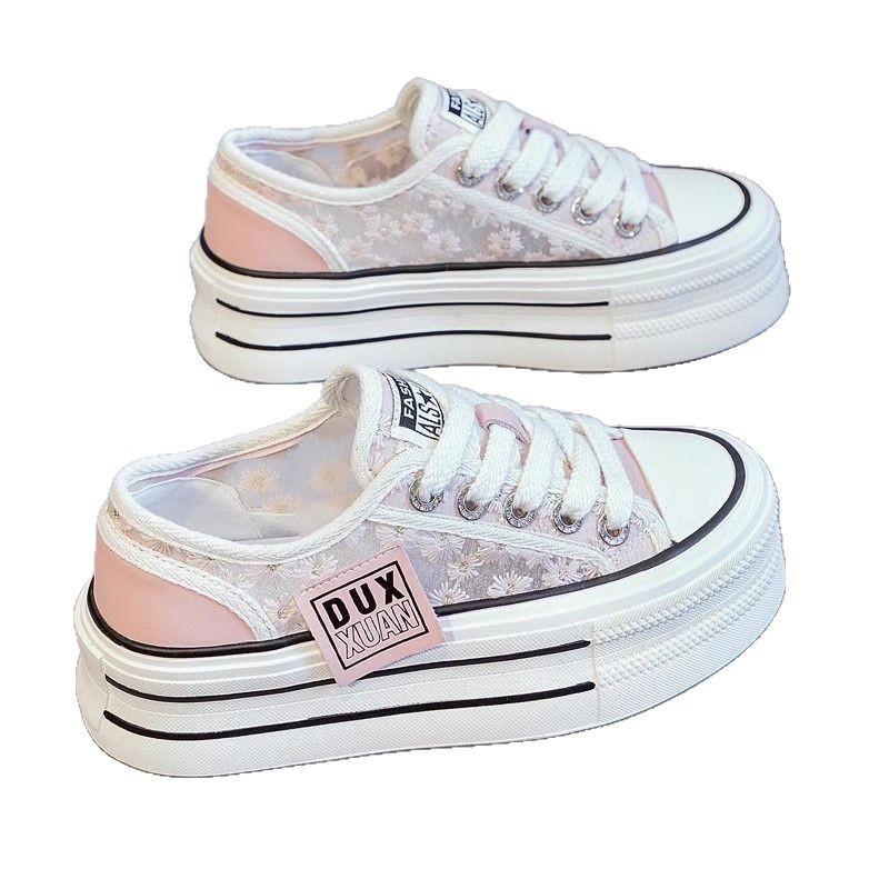 2024 весна-лето модные полутапочки с круглым носком женские маленькие увеличивающие рост парусиновые туфли износостойкие универсальные белые туфли на толстой подошве