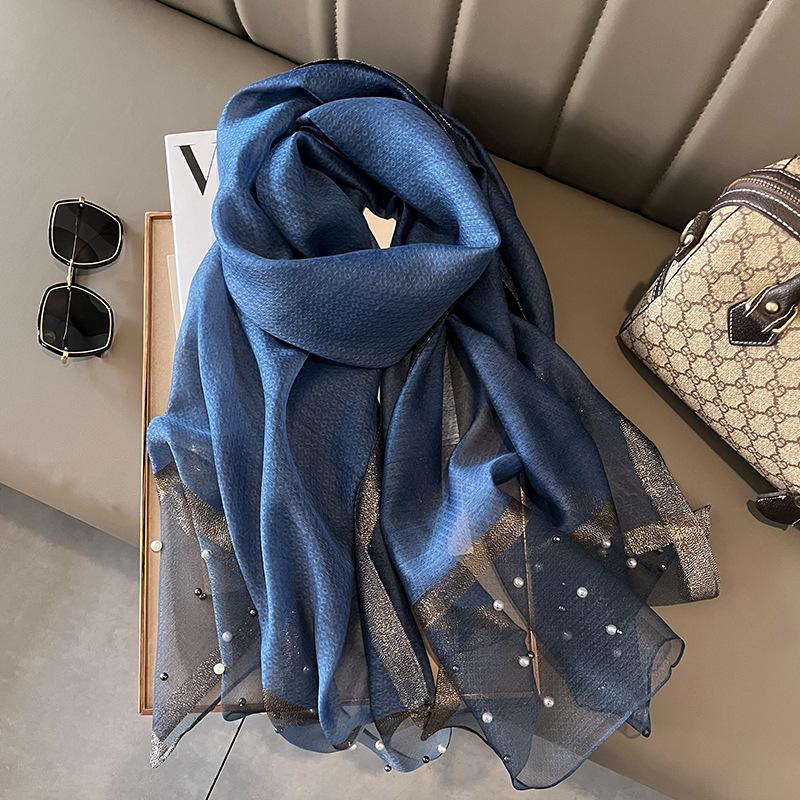 Spring/Summer Comfortable Imitation Silk Print Wraps Elegant Breathable Beaded Scarf for Women Casual Classic Breathable Shawl
