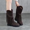 Retro Genuine Leather Mid-calf Boots Fashionable Versatile Mid Heeled Women's Tassel Boots