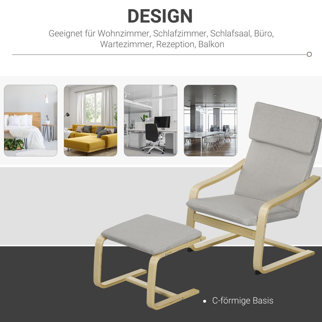 Lounge Chair with Footstool, Linen-Look Cover, Wood Frame, up to 120 kg, Light Grey/Natural