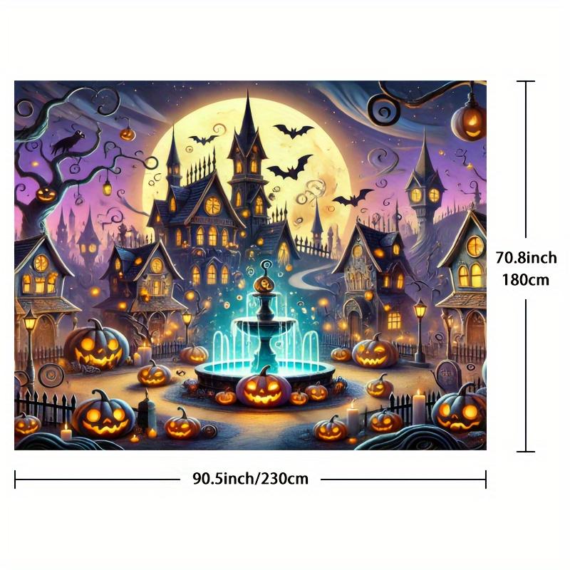 A Halloween town photography background mysterious Gothic architecture and glowing pumpkins full moon