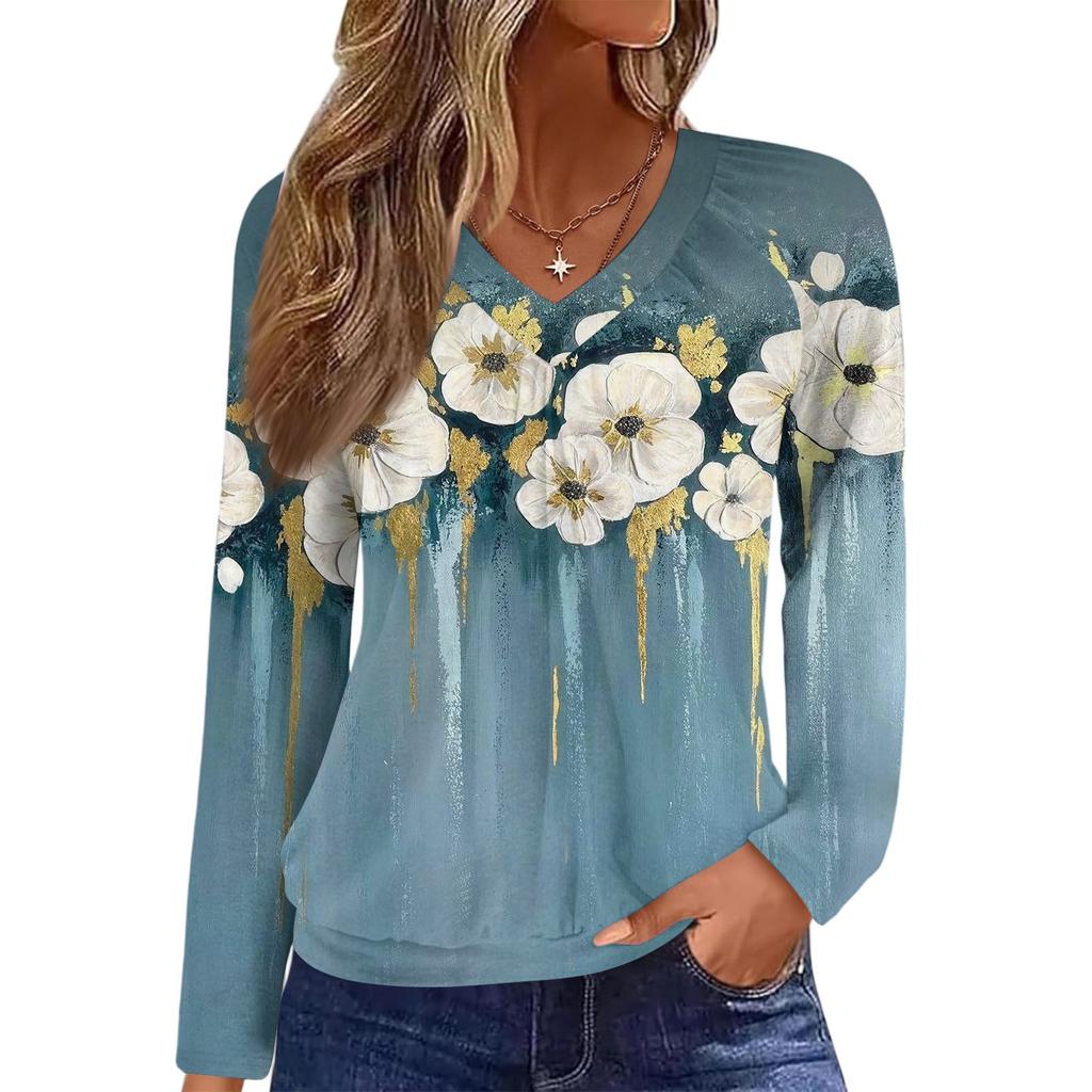 Женский повседневный модный топ с V-образным вырезом, рукавами реглан, плиссировкой и цветочным принтом, с длинным рукавом