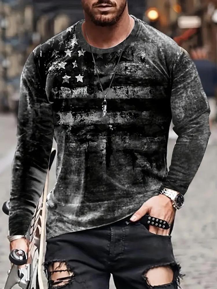 Винтажная повседневная футболка с 3D-выцветшим флагом для мужчин, стильная, с длинным рукавом, слегка эластичная, всесезонная, комфортная и долговечная