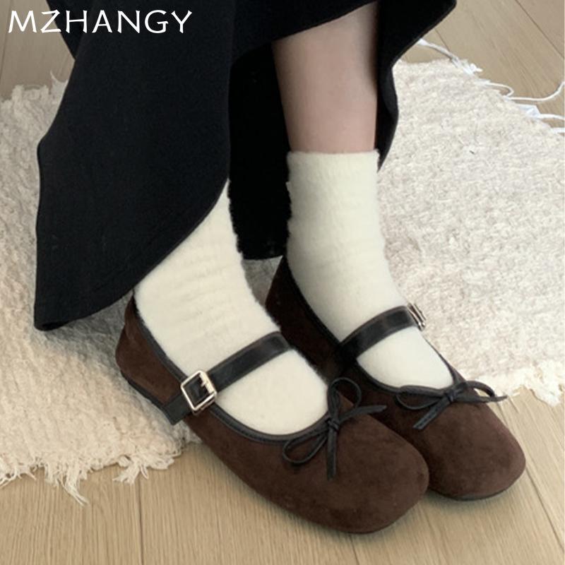 Модные женские замшевые балетки с короткими каблуками, туфли-лоферы с бантом, женская обувь 2025 года, повседневная обувь для ходьбы, зимняя обувь Мэри Джейн, Zapatillas