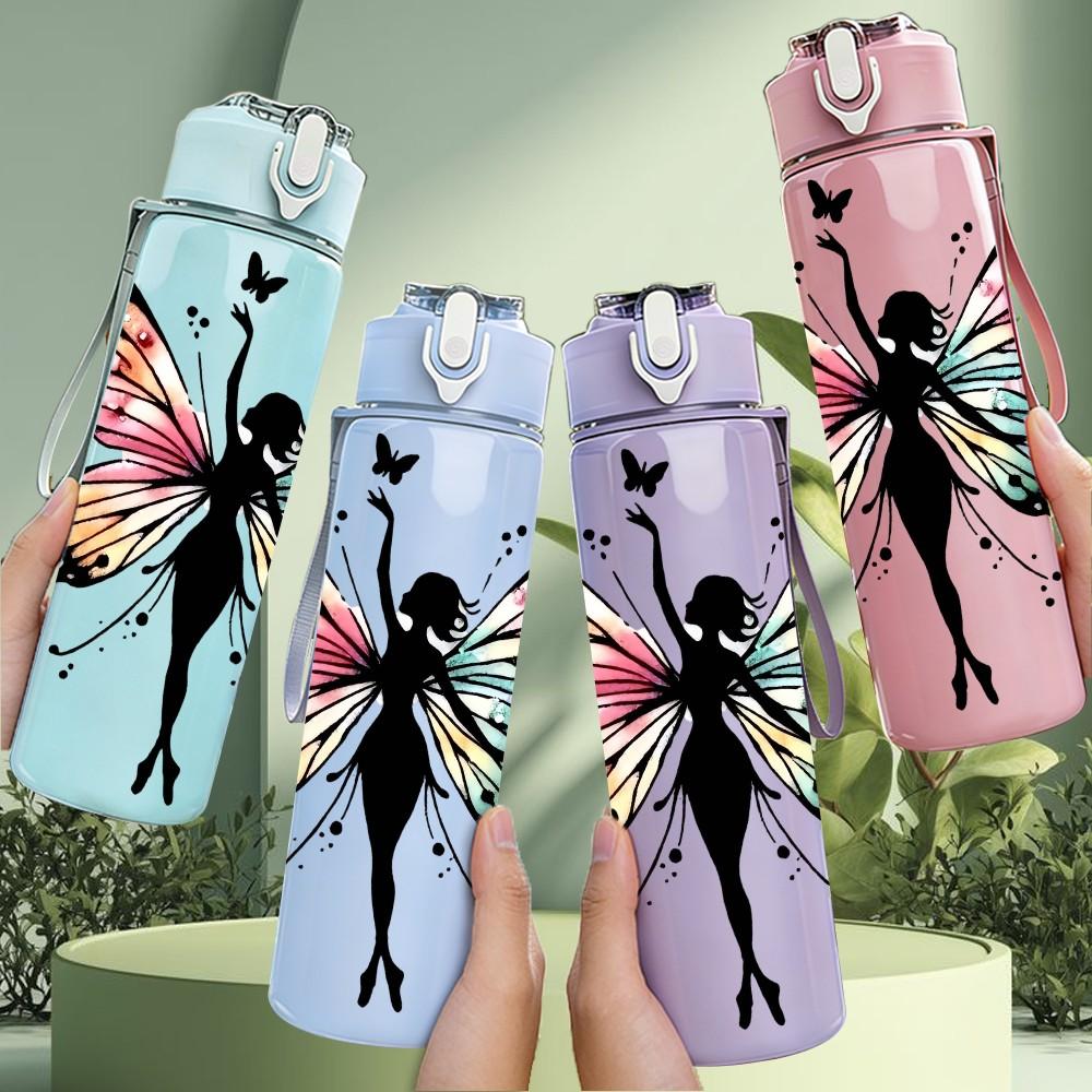 1PC Fairy Girl Butterfly Wings Floral Silhouette 750ml Color Plastic Sports Water Bottle Leakproof Flip Straw Lid Suitable for Sports Office Home Use