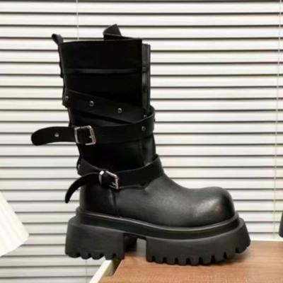 Модная платформа Женские полусапожки на среднем каблуке Дизайнерские элегантные зимние новые туфли 2025 Модные сапоги до середины икры с пряжкой Платье для вечеринки Zapatillas