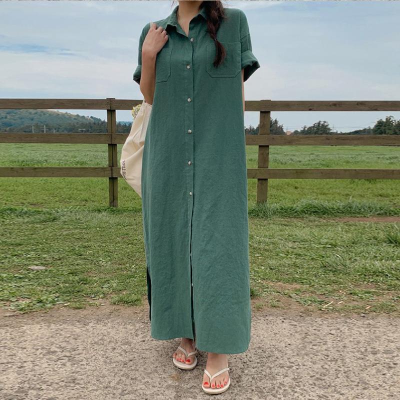 Fashion New Loose Women Shirt Dress Casual Short Sleeve Single Breasted Summer Dresses Female Lapel Solid Office Lady Elegant Long Dress 1308