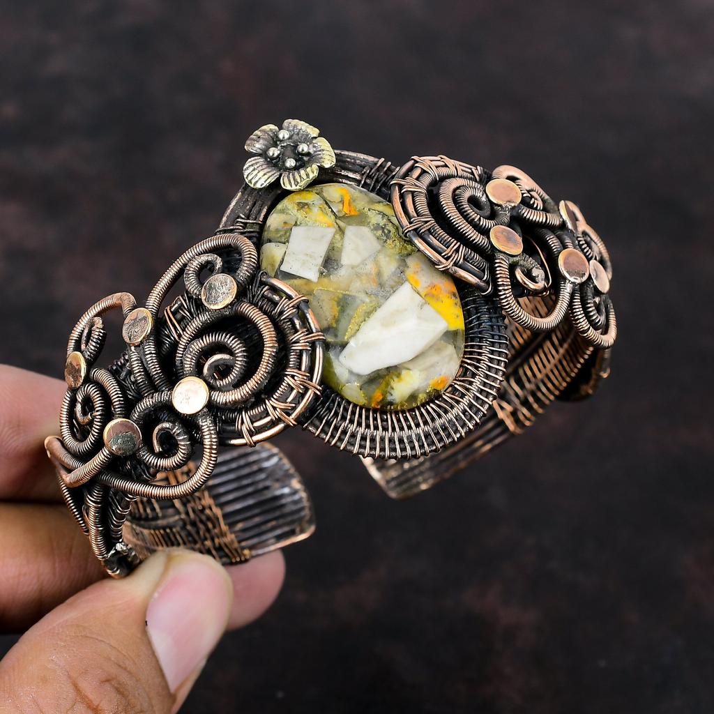 Медный браслет-манжета из яшмы с медной проволокой, браслет с драгоценными камнями, цветочные украшения, регулируемый браслет, подарок на помолвку, браслет ручной работы