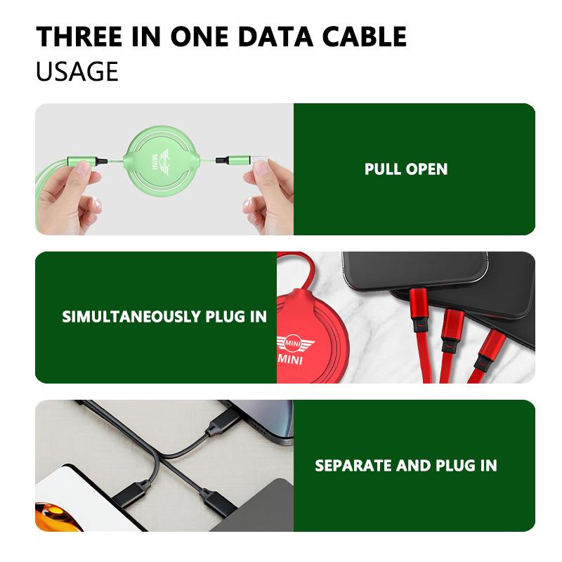 For MINI Multifunctional 3 in 1 Retractable Data Cable Fast Charging Data Wire Cooper One S JCW Countryman R56 R50 R53 R55 F56 ulqch44