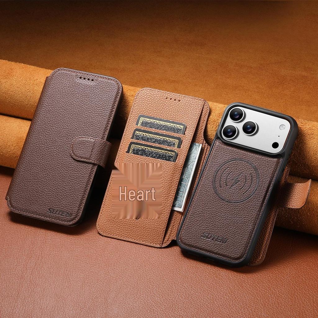 Чехол-книжка для iPhone 17 Pro с отделением для карт: Магнитный, Беспроводная зарядка, Подставка «два в одном», Кожа с цветными блоками.