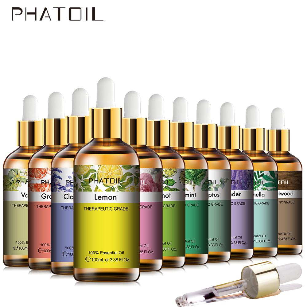 PHATOIL 100 мл эвкалиптового чайного дерева мяты перечной чистое эфирное масло ароматерапия очиститель воздуха лаванда ваниль розовое ароматическое масло для диффузора