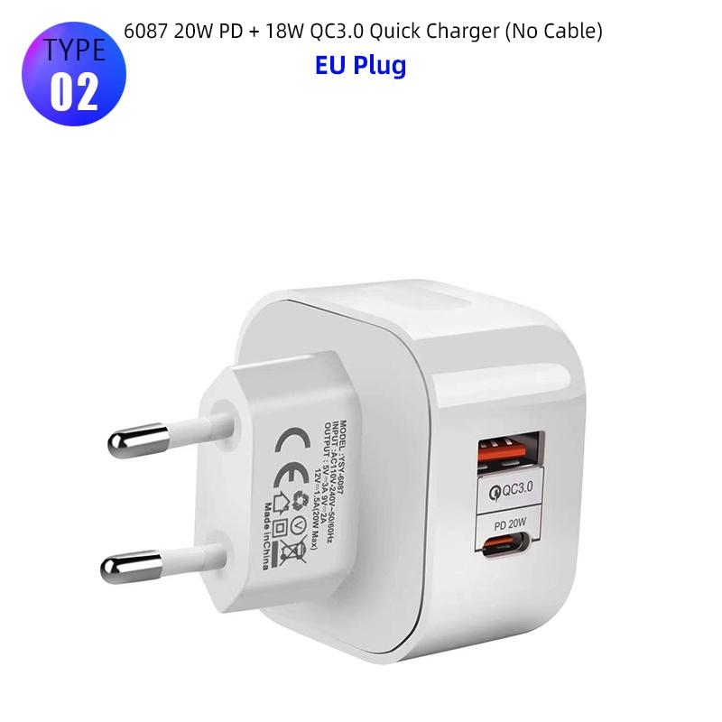 Зарядное устройство USB C 40 Вт Быстрая зарядка Вилка 2 порта Зарядное устройство Type C PD Сетевое зарядное устройство Адаптер питания для Samsung Xiaomi iPhone 14 13 QC3.0