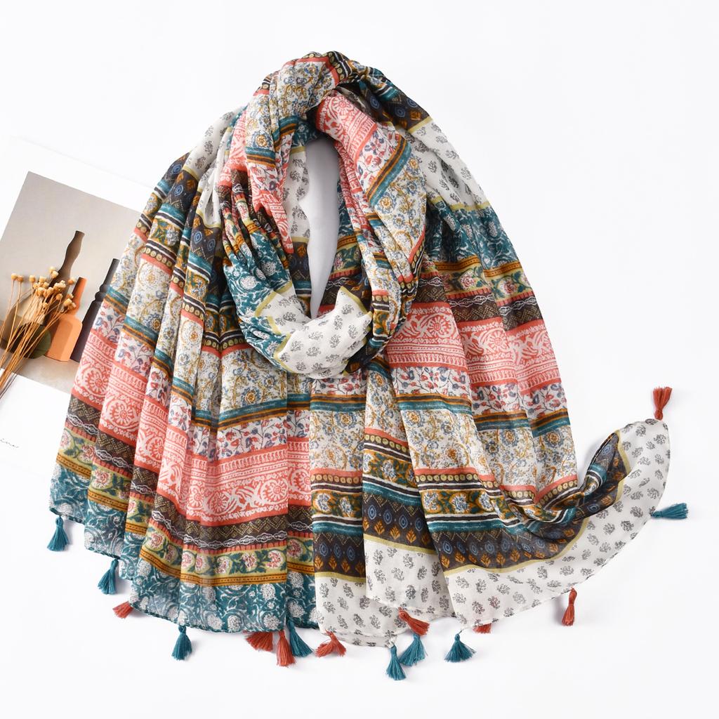 Fresh and Elegant Red Petal Mixed Printed Tassel Scarf for Women Cotton and Linen Scarf for Travel Decorative Shawl