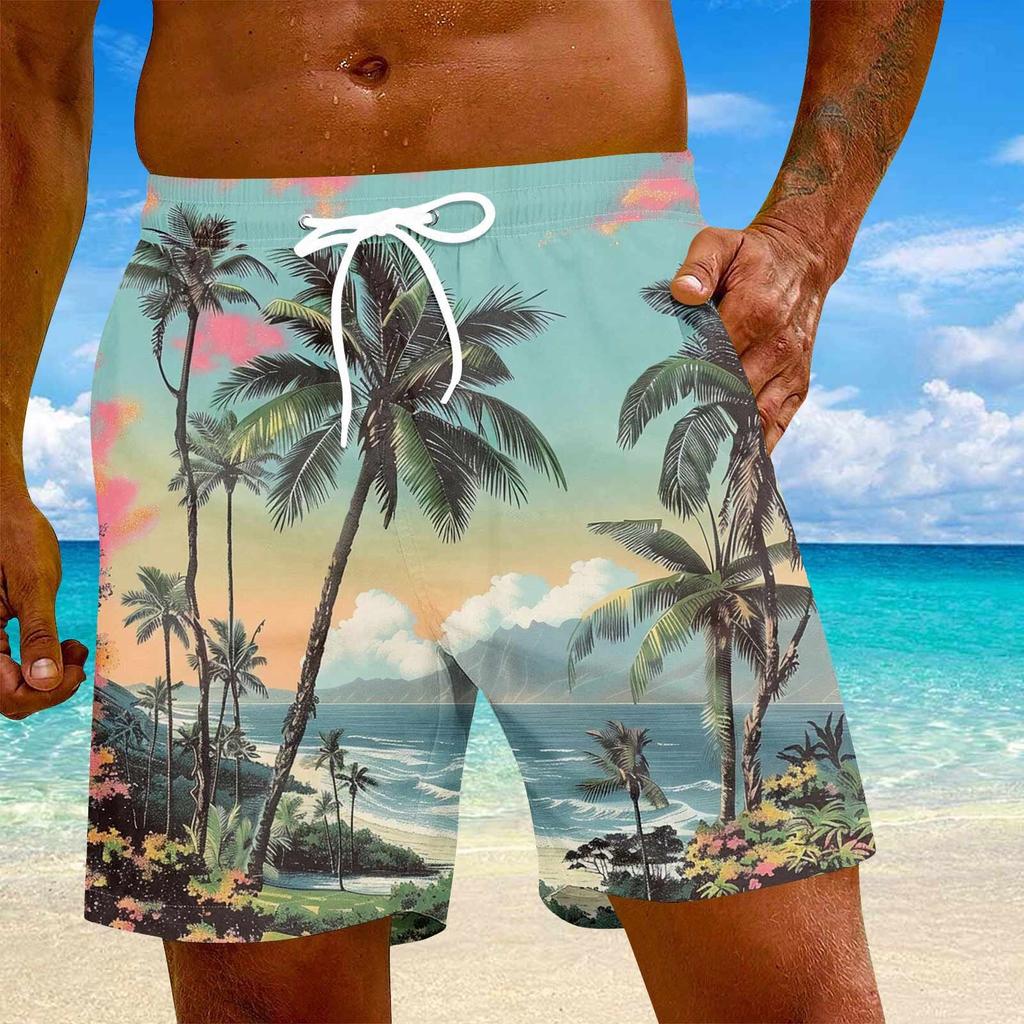 Men's Fashion Hawaiian Print Elastic-Waisted Casual Yoga Pants Beach Shorts