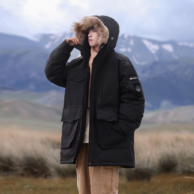 Пуховик с капюшоном, модный, средней длины, утепленный, теплый, для пары, зимний, новый, с меховым воротником, в стиле милитари, мужской