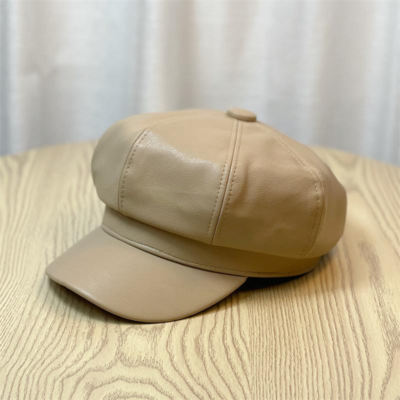 Осень и Зима Женская Восьмиугольная Шляпа с Большой Головой Кожаная Шляпа Художника Корейская Версия ПУ Большая Кепка с Козырьком Британский Универсальный Берет Мужская Зимняя