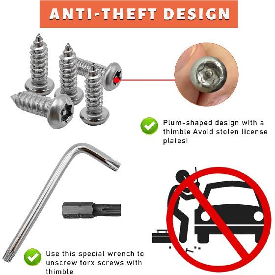 Anti Theft License Plate Screws, Rustproof Stainless Steel Self-Tapping Bolt for Car Front Rear Tag Frame, M6 (1/4") Tamper Proof Mounting Hardware