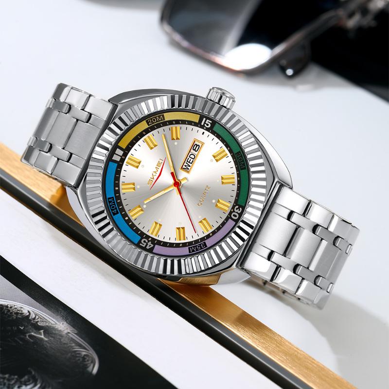 Skmei Ретро Мужские Кварцевые Часы Мода Спорт Застежка-бабочка Стальной Ремешок Календарь Недели Большой Циферблат Часы Для Мужчин