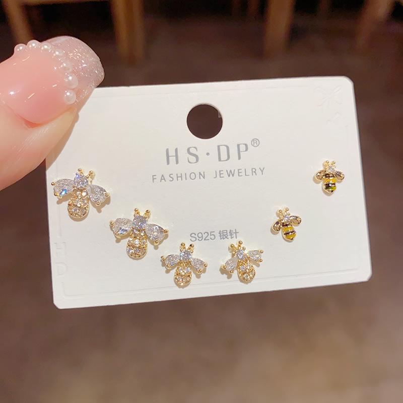 6Pcs/set Bee Animal Zircon Earring Sets for Women Exquisite Gold Stud Earrings Grils Birthday Gifts