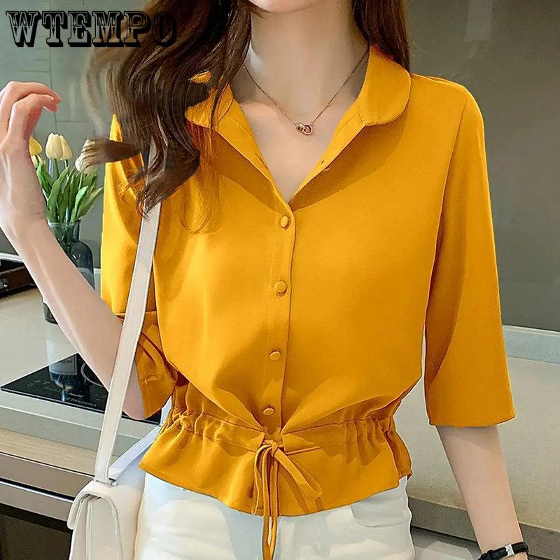 WTEMPO Spring Summer Women's Versatile Solid Color Turn-down Collar Half Sleeve Chiffon Shirts Casual Shirring Single-breasted Blouses