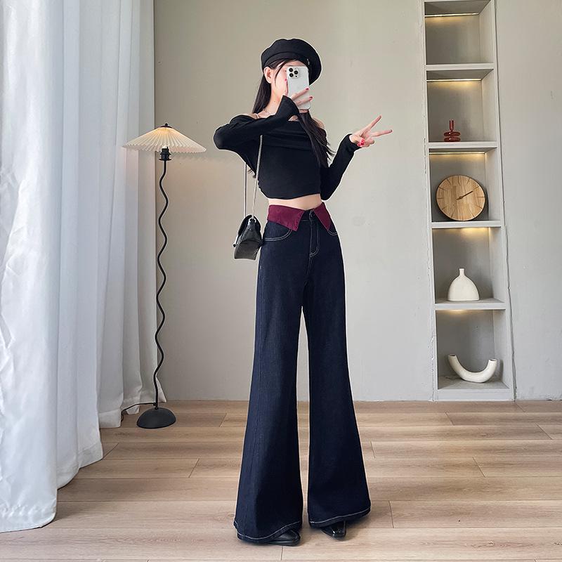 Женские джинсы микроклеш с цветными блоками, высокая посадка, утягивающий дизайн с вставками, свободные, длиной в пол, осень/зима 2024