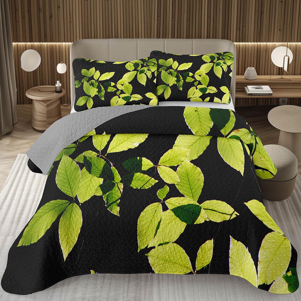 Green Leaves Bedspread Twin Queen Size Farmhouse Botanical Plant Coverlet Sets Spring Nature Leaf Quilt Set for Kids Teen Adults