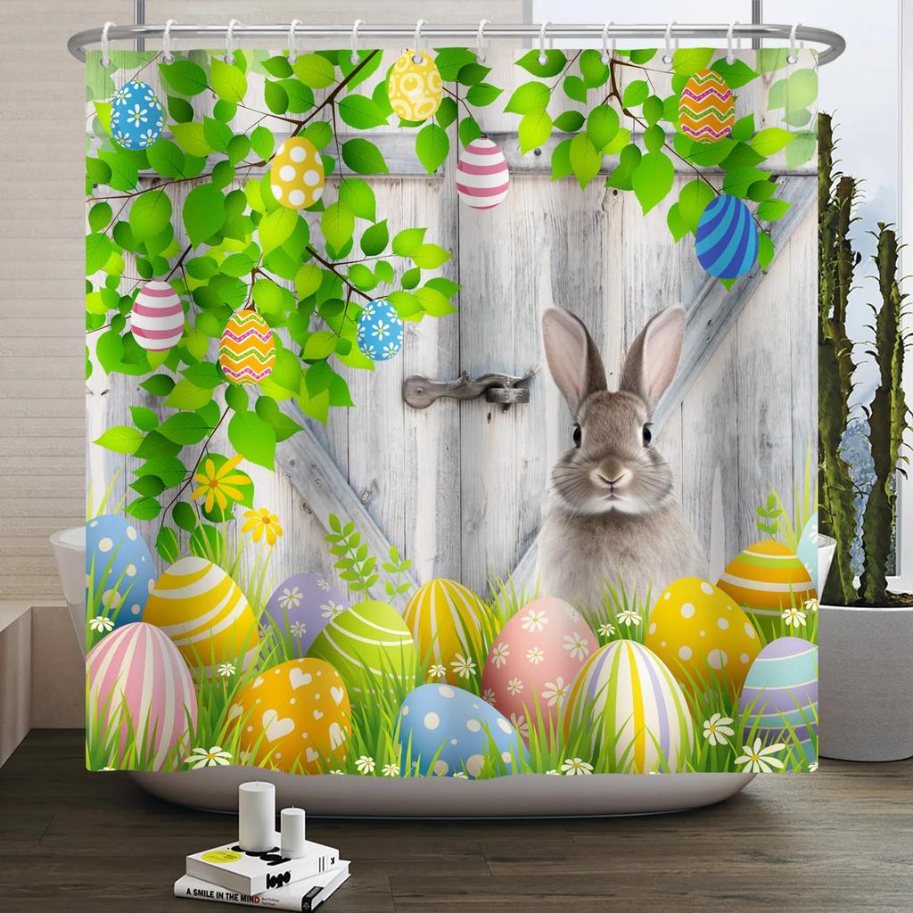 Весенняя Пасхальная Занавеска для душа Счастливый Кролик Кролик Яйца Цветочный Сад Цветочный Праздничный Водонепроницаемая Занавеска для душа для ванной комнаты с крючками