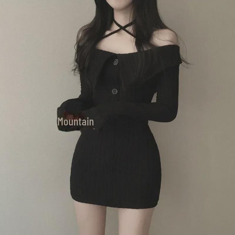 Корейский шик осеннее платье-халтер на одно плечо облегающего кроя с длинными рукавами для женщин