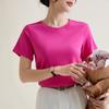 Сплошной цвет с правым плечом, тонкая хлопковая футболка с короткими рукавами и круглым вырезом для женщин, весна-лето 2024, новый стиль, темпераментный внутренний пуловер, топ