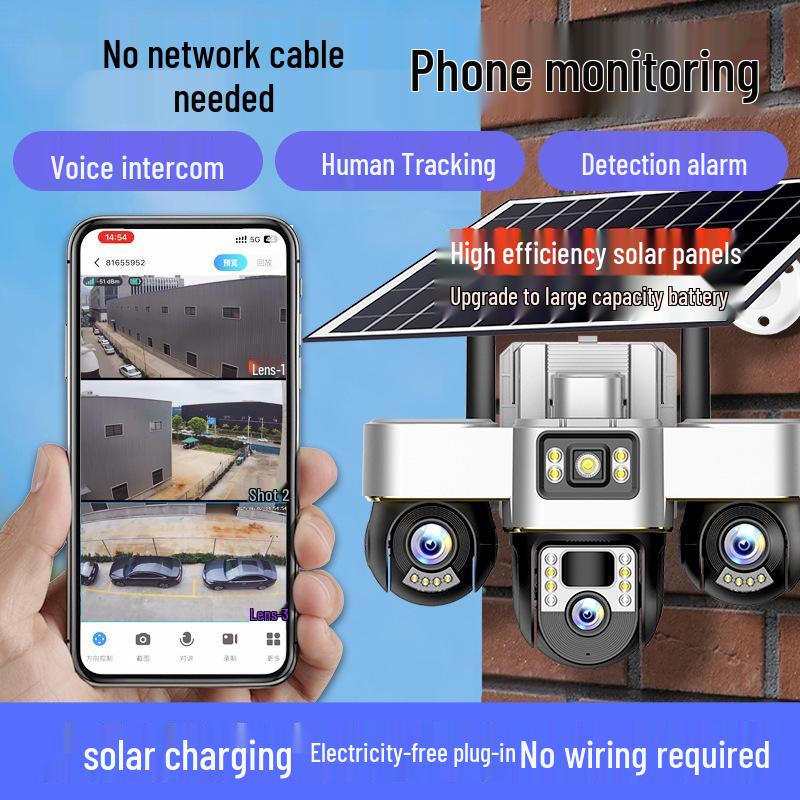 360° Cross-Border Solar-Powered PTZ Camera with Triple Ball & Screen Monitoring